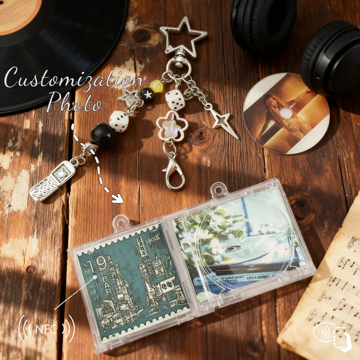 Custom NFC Mini CD Case Keychain, Personalized Photo Playable Music Beaded Star Charm, Unique Souvenir Gift for Music Fans view 2