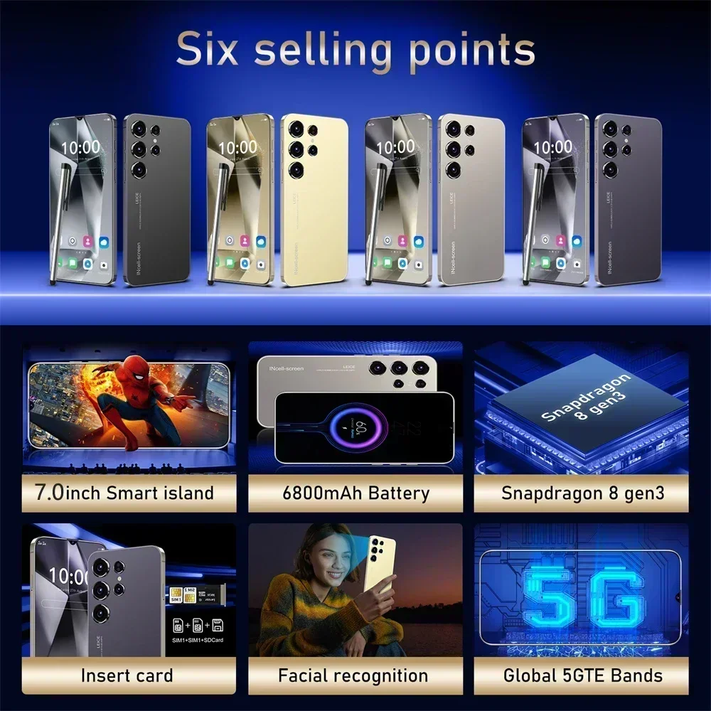 Original S24 Ultra Smartphone 7.0 HD 5G 16G+1T Android 14 Cell Phone Dual Sim Face Unlocked Mobile Phone High-end Cellphones