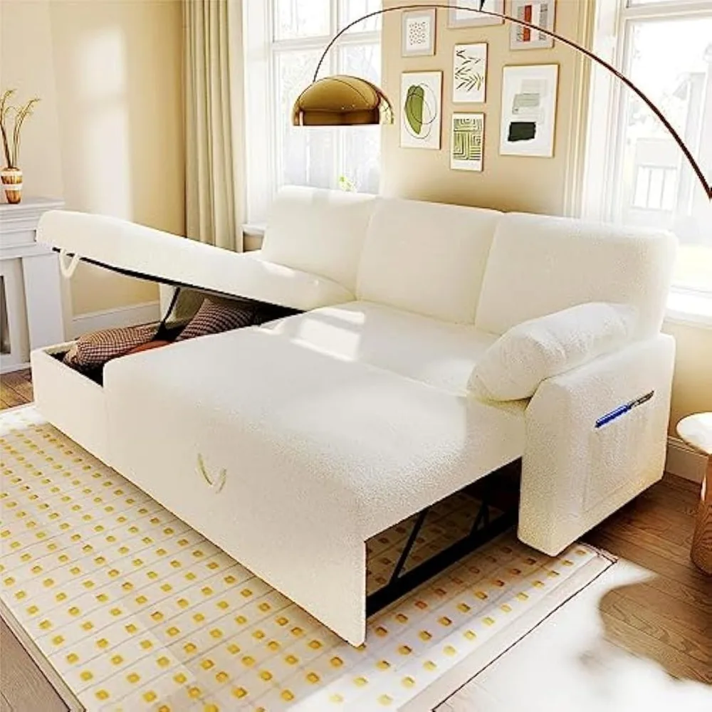 Sofa Bed, Sleeper Sofa- 2 in 1 Pull Out Couch Bed  Storage Chaise Living Room, Sofa Sleeper Pull Out Bed, White Sherpa Couch