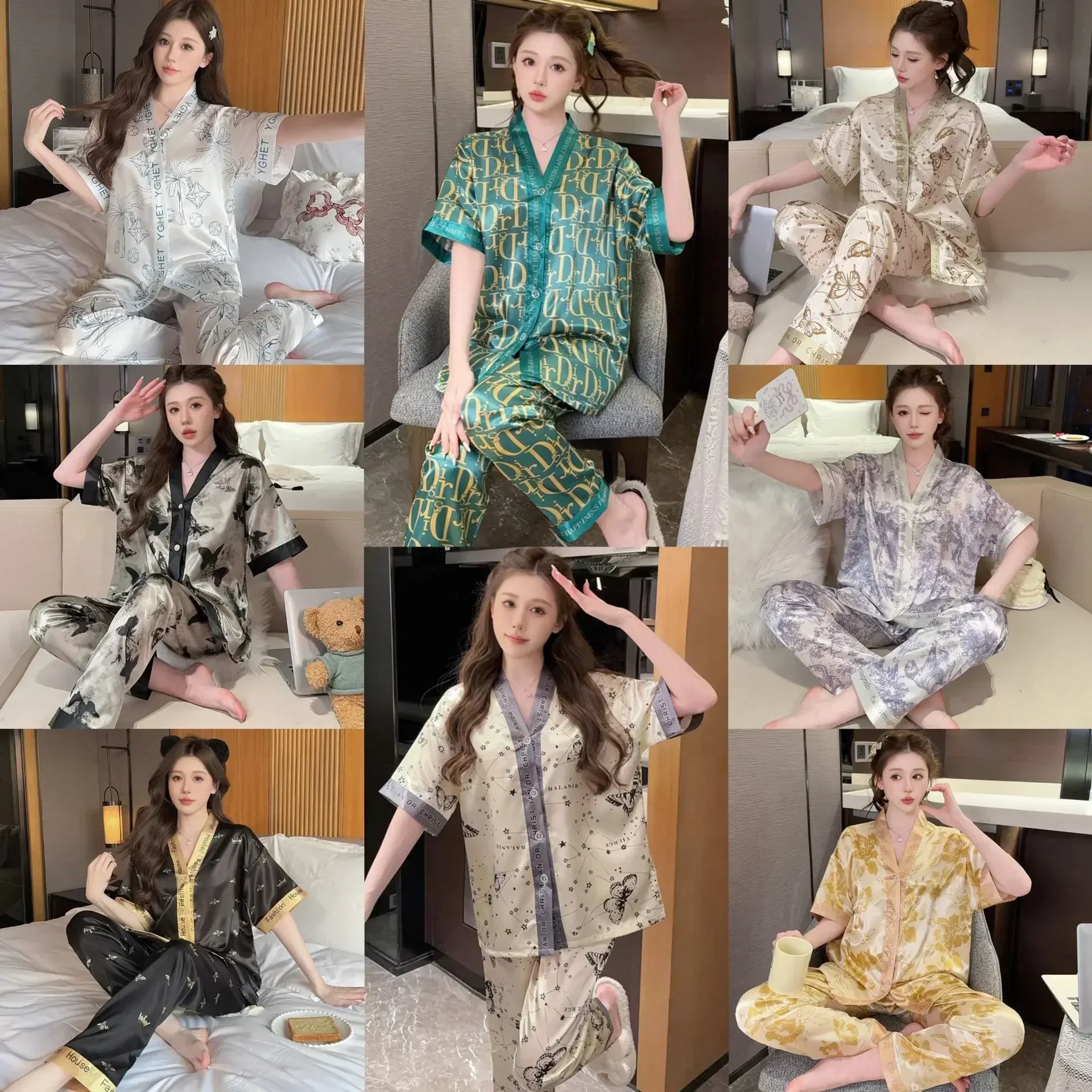

Light Luxury Butterfly Print 2025 New Ice Silk Thin Sleepwear Women's Spring and Summer Sets Home Clothes Elegant Pajama Set