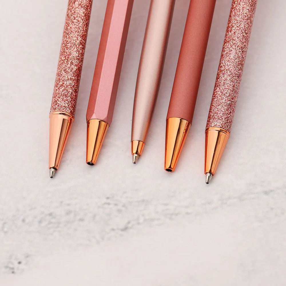 Lytwtw\'s Roller Press Ballpoint Pen Luxury Cute Wedding Rose Gold Metal Stationery School Office Supplies Spinning 5 Pieces