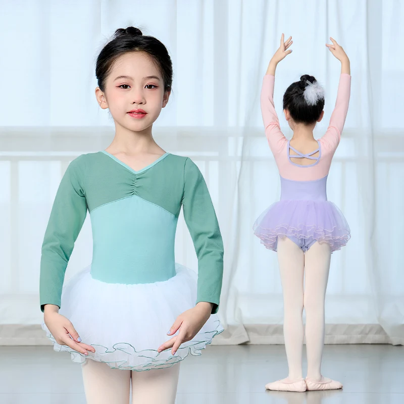 Mädchen Ballett Trikots Tanz Tutu Farbe Spleißen Tanz Bodys Langarm Kinder Gymnastik Trikot mit 4-lagigem Mesh Tutu Rock