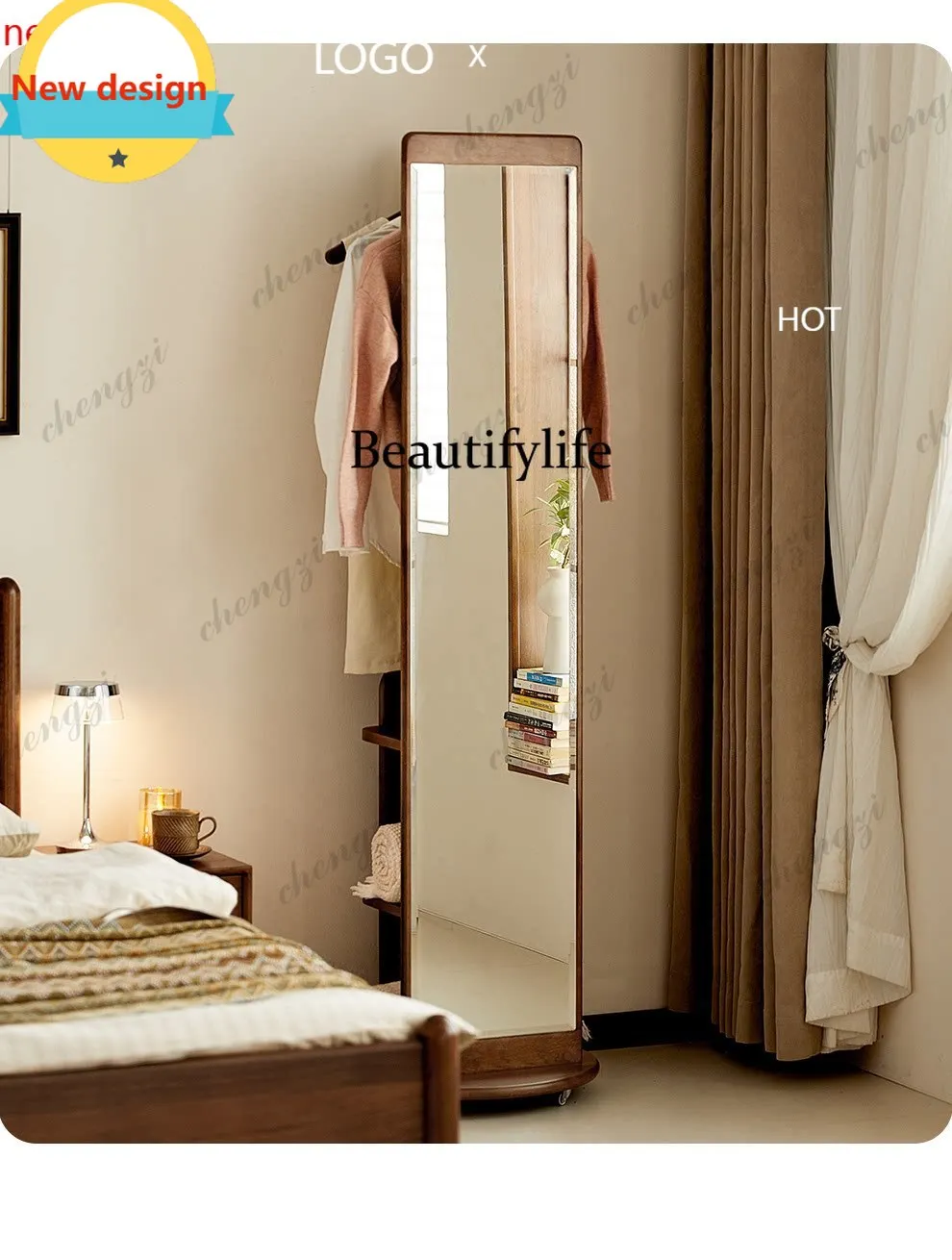 D8000    Coat rack integrated household solid wood rotating full-length mirror hanging hanger movable