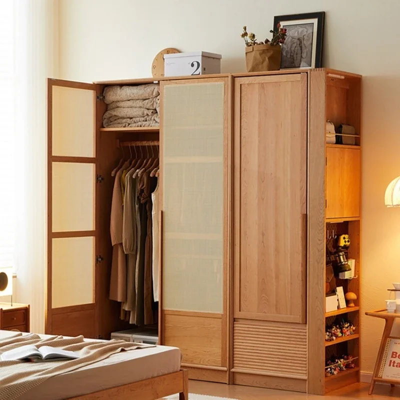 Cherry wood wardrobe cloakroom rattan furniture storage locker child home wardrobe combination wardrobe