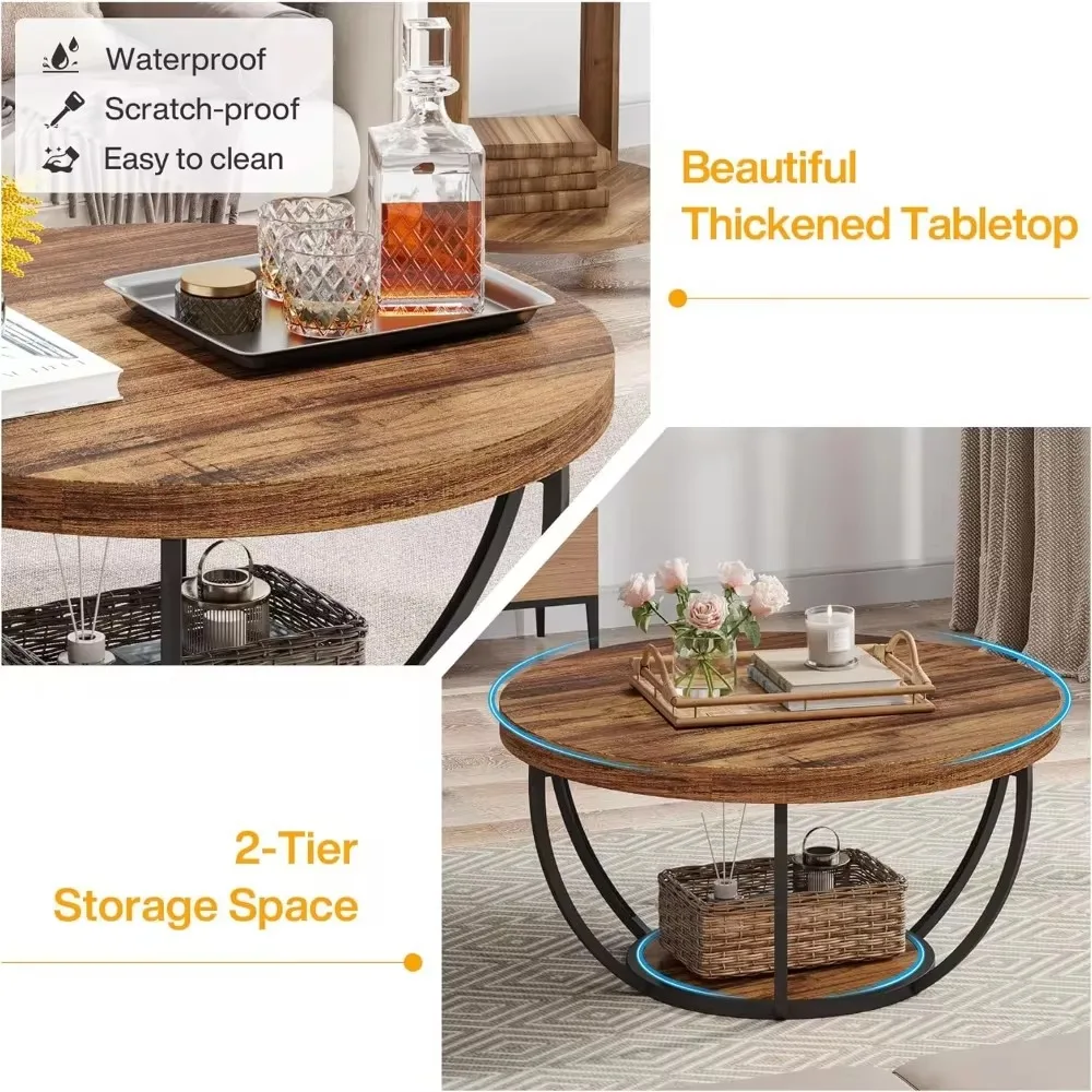 Industrial 2-Tier Circle Coffee Table with Storage Shelves, Modern 31.7\