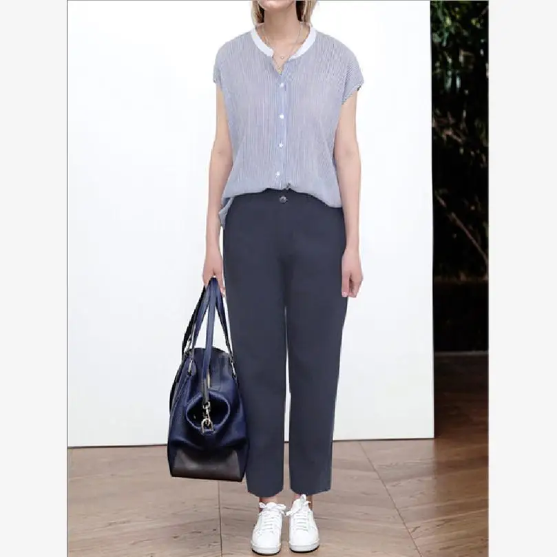 ملابس صيفية فضفاضة مخططة للنساء مقاس كبير وياقة واقفة وزر واحد، ملابس عصرية بالإضافة إلى مم