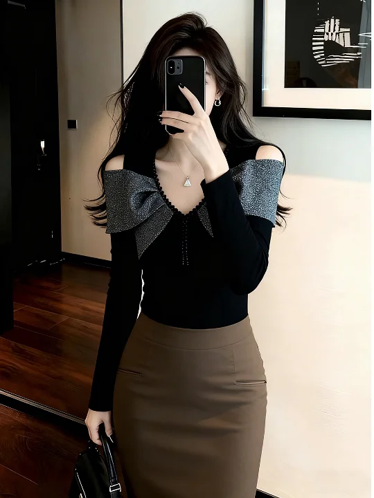 Chic Korean Sle Knitted Sweater ort Winter Faion Inner Wear Ele Unique Beautiful Casual Loose Fit oulder Bared V ...