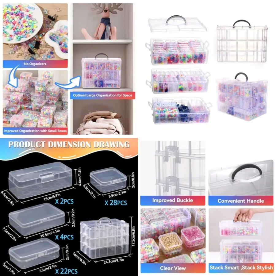 

Bead Organizer Box 56 Pcs Small Plastic Containers with Lids and 3-Tier Stackable Storage Box Clear Organizers for Jewelry Toys