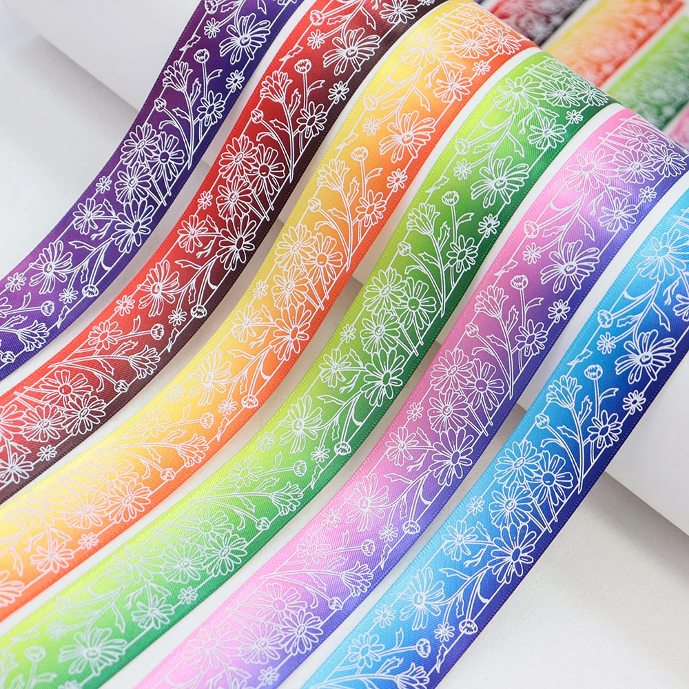 

1'' 25mm White Ink Laser Holographic Silver Flowers Daisies Pattern Print Satin Ribbon For DIY Gift Wrapping Hair Bows