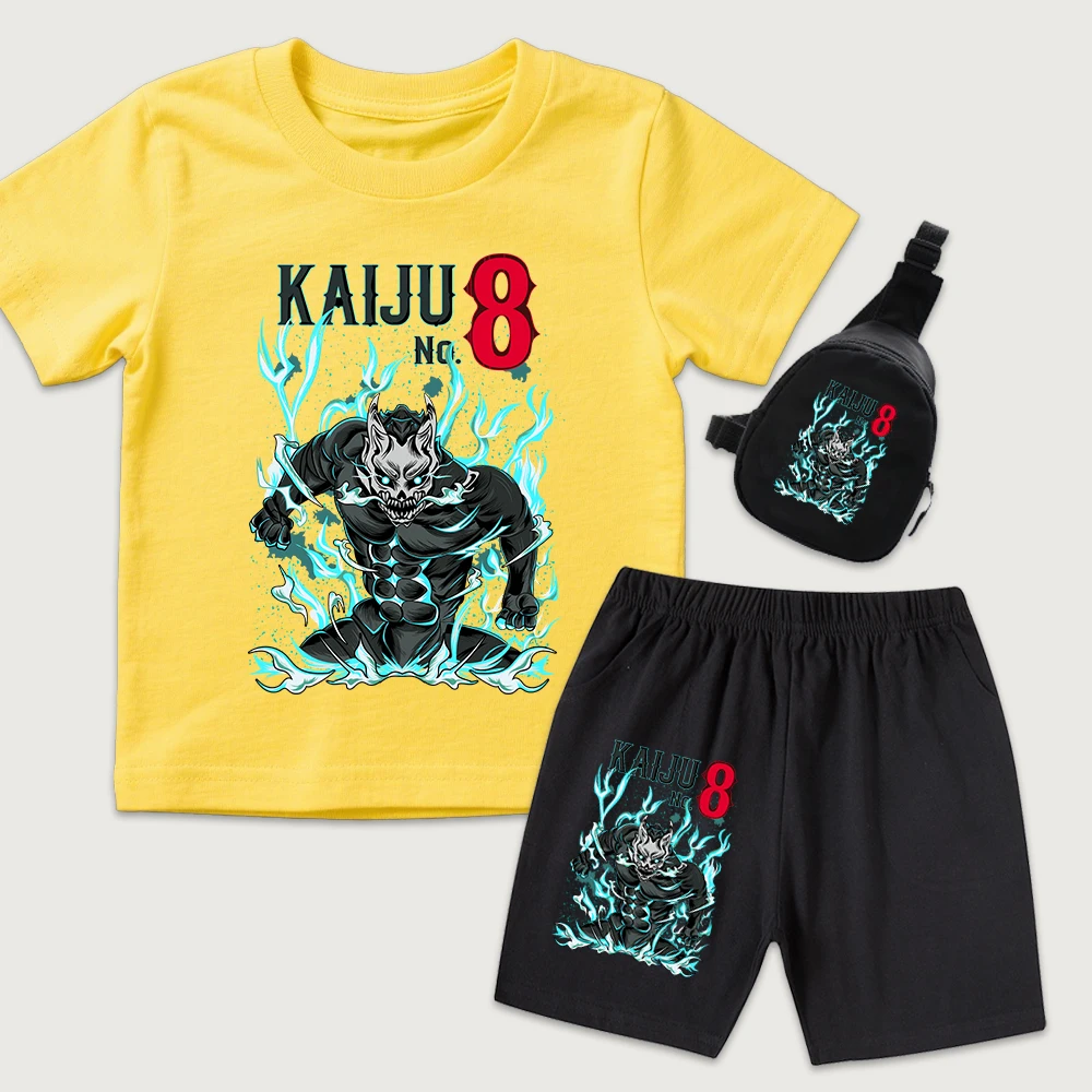 Kaiju No 8 Anime Print Kids Cotton T Shirt and Shorts Set with Mini Chest Bag 3Piece Set for Boys Girls Casual Summer Outfit