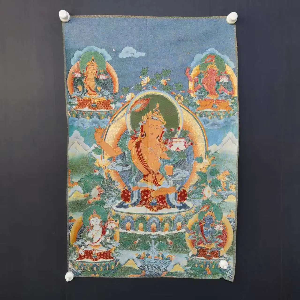 Thangka Buddhism silk Embroidery Manjusri Bodhisattva Sitting Buddha Five incarnations Thangka