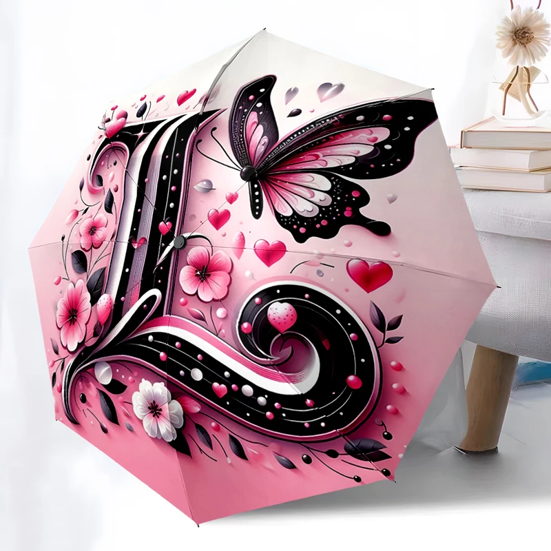 Pink K-T Letters Theme Folding Umbrella - Fashionable Auto-Open Design 8 Iron Ribs Plastic Handle Foldable Sunshade，Perfect Gift