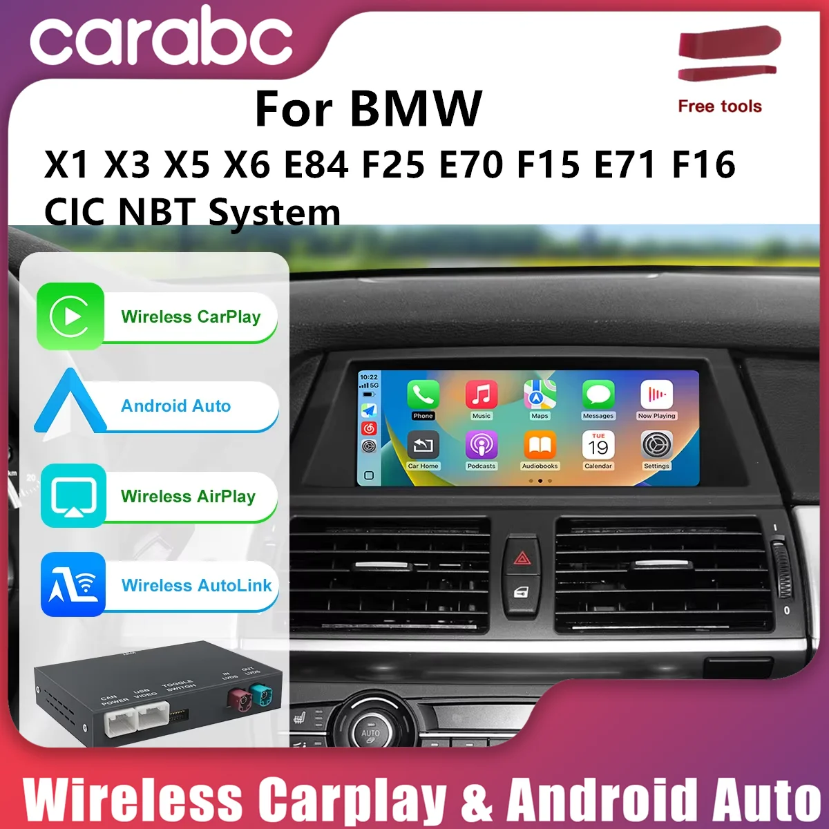 CARABC Wireless CarPlay Android Auto Adapter For BMW X1 X3 X5 X6 E84 F25 E70 F15 E71 F16 CIC NBT System Supports Bluetooth
