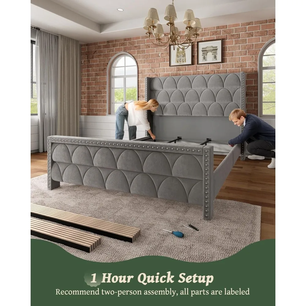 إطار سرير بحجم كينج مع لوح رأسي مقاس 56 بوصة - دعم سعة 1000 رطل، إطار سرير بمنصة جناح منجدة مخملية، خالي من الضوضاء، S