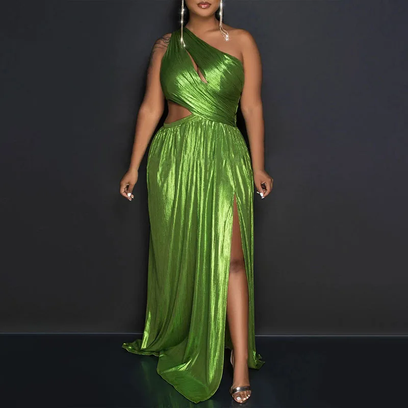 Women Asymmetricl Collar Hollow Pleated Dress Spring Solid High Waist Loose Swing Long Dress Summer One-shoulder Slit Maxi Dress