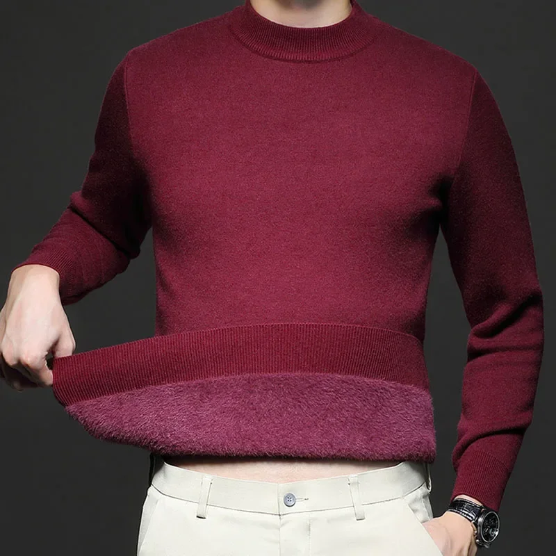 

Autumn Winter Plus Velvet Warm Sweaters Men Solid Color Simple Slim Fit Long Sleeve Pullover High Quality Knitted O-Neck Jumpers