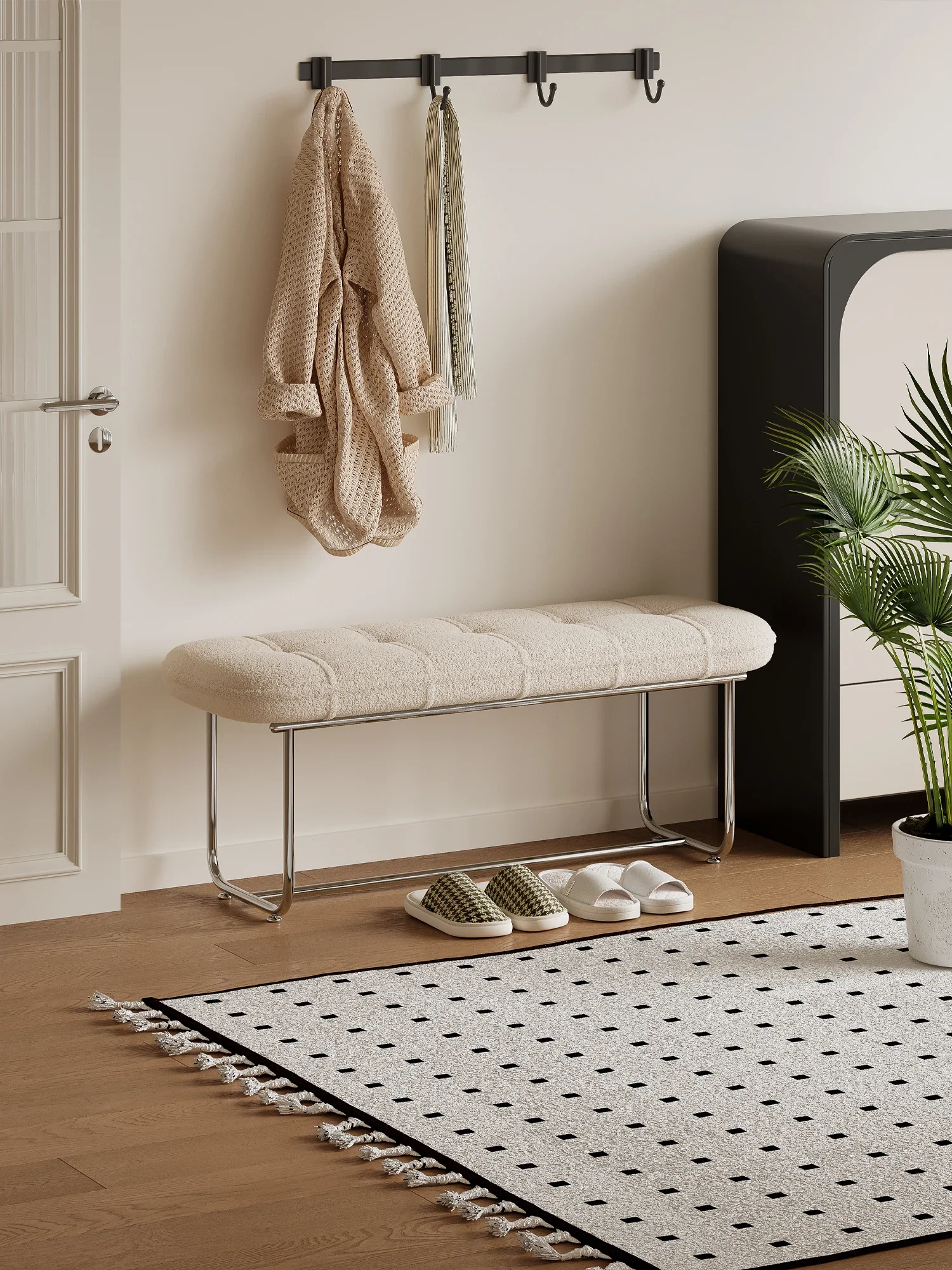 مقعد تغيير الأحذية الكريمي البسيط والحديث، شقة صغيرة، مدخل منزلي، كرسي تغيير الأحذية، مقعد الرياح