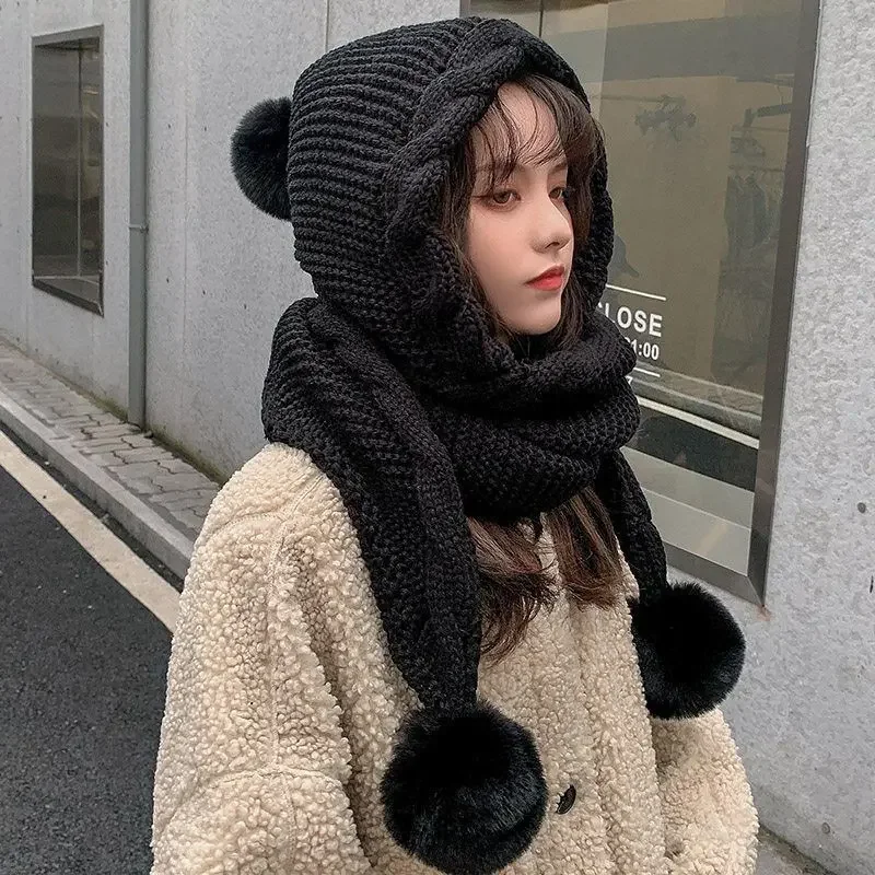 Women's Korean Hooded Scarf Winter Hats Woman Cold Protection Warm Scarf Hat Cute Fur Ball Ear Protection Thickened Knitted Hat