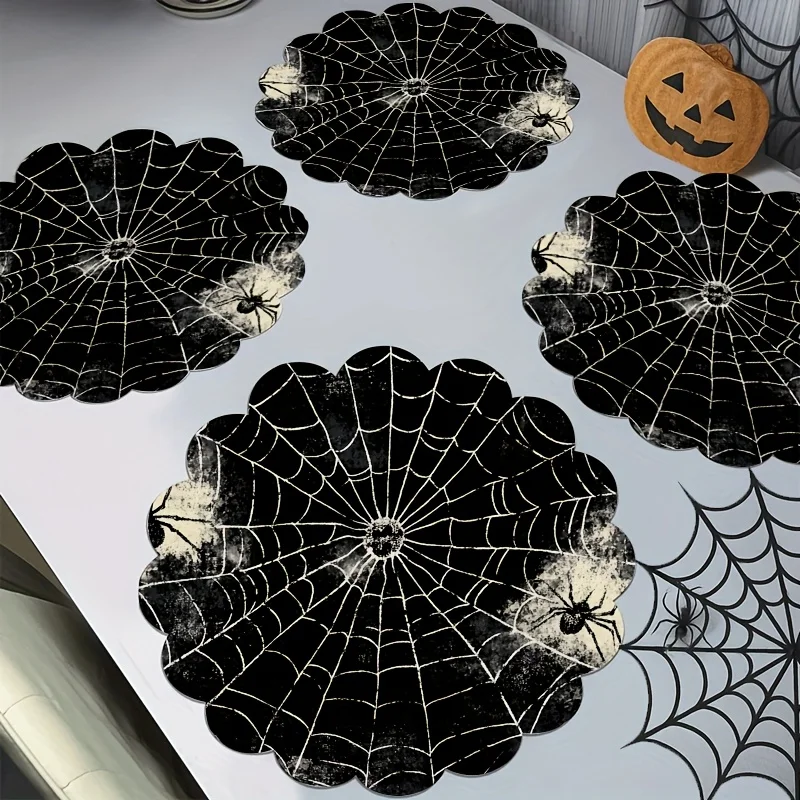 VIKAMA Vintage Spider Web Scalloped Round Placemat Gothic Table Mat Waterproof Heat Resistant Plate Pad Halloween Dining Decor