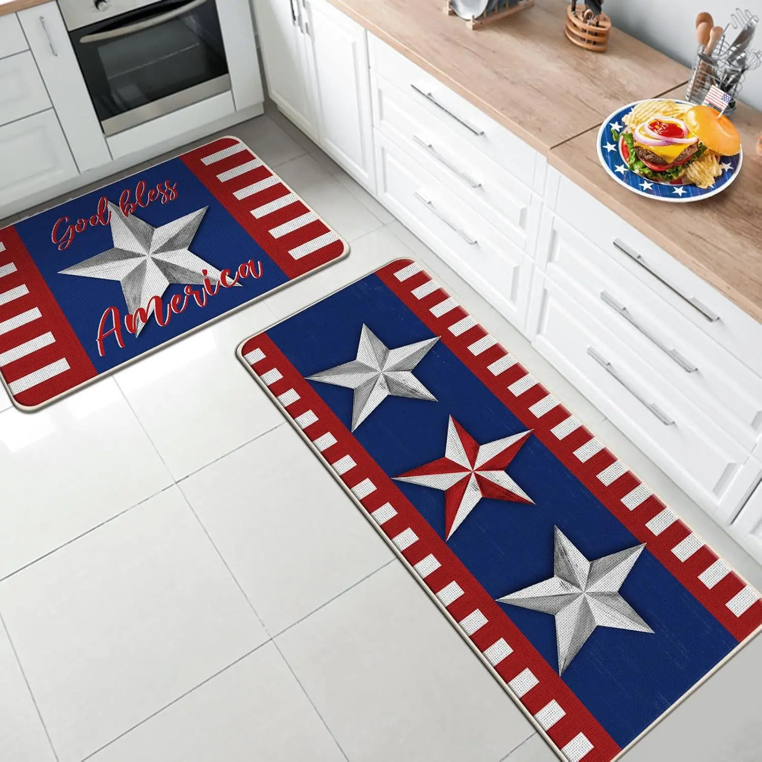 VIKAMA American Independence Day Patriotic Kitchen Mat Red Blue Star Non-Slip Oil Proof Runner Rug for Party Festival Decor