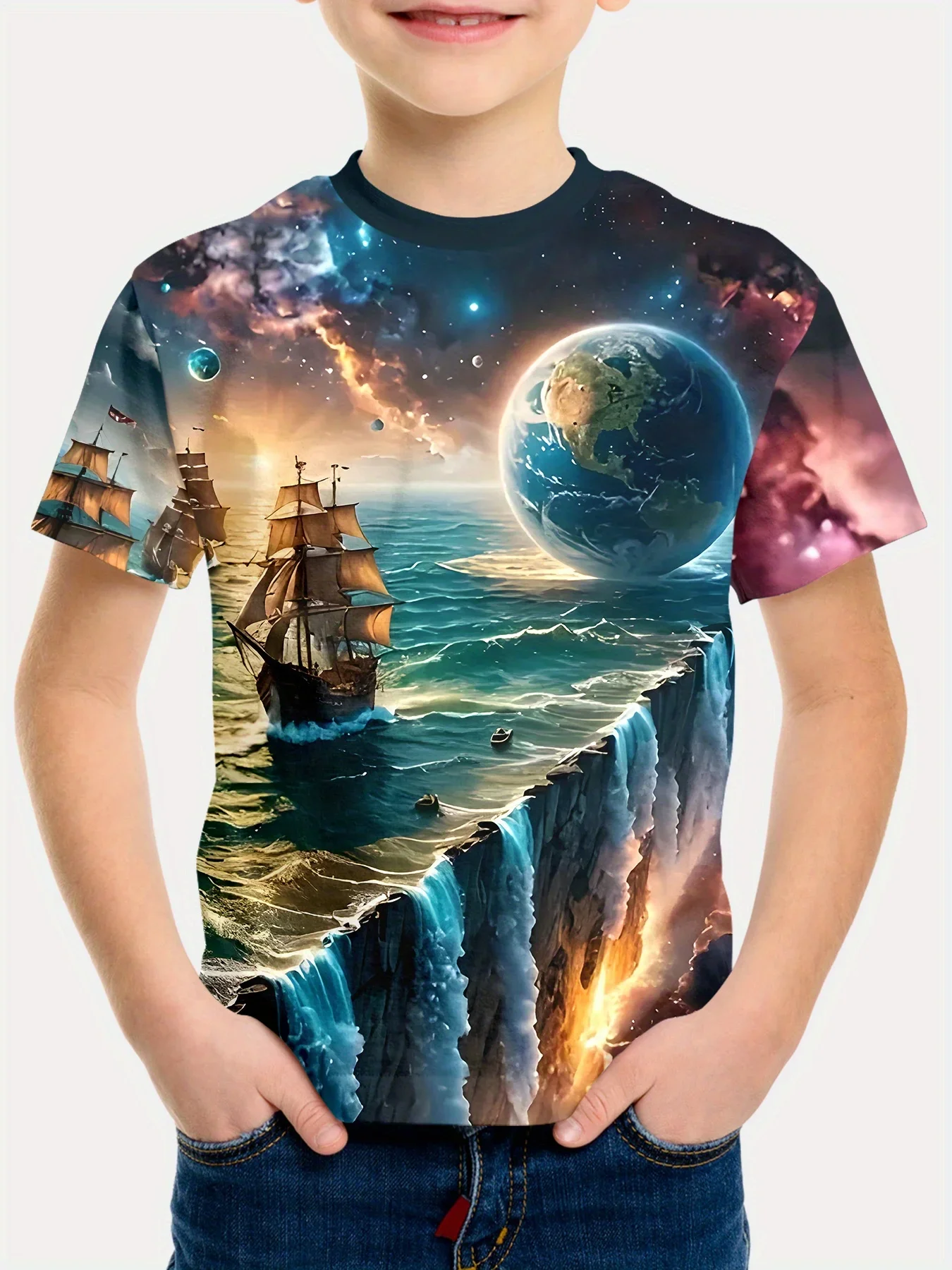 2026 New Kids' Neon Space Astronaut Print T Shirt Crew Neck Short Sleeve Galaxy Casual Streetwear Tee Children Clothes