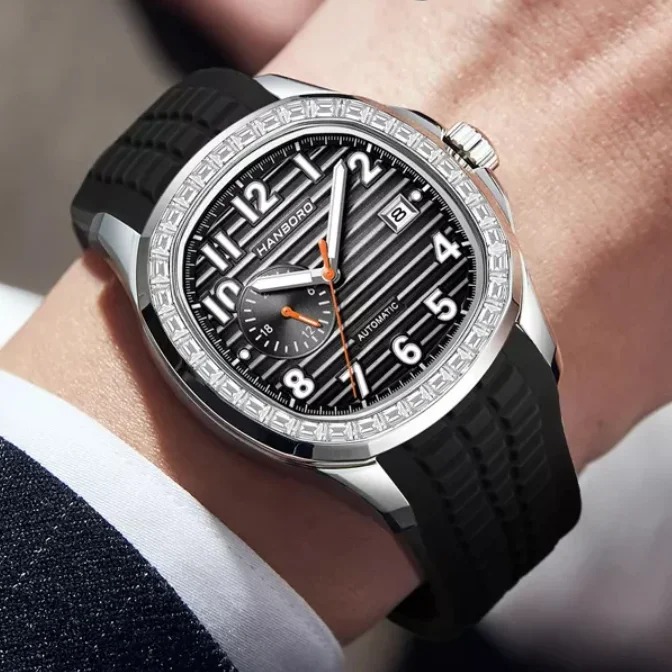

HANBORO Мужские автоматические часы 40 мм Квадратные механические наручные часы 5ATM Светящееся сапфировое зеркало Дата 24 часа Mioyta 8217 Mov