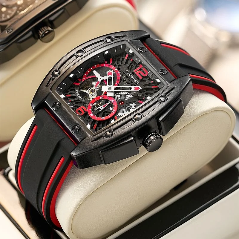 Fashion Men\'s Automatic Watches Brand Mark Fairwhale Sports Silicone Strap Tonneau Watches Luxury Skeleton Mechanical Wristwatch