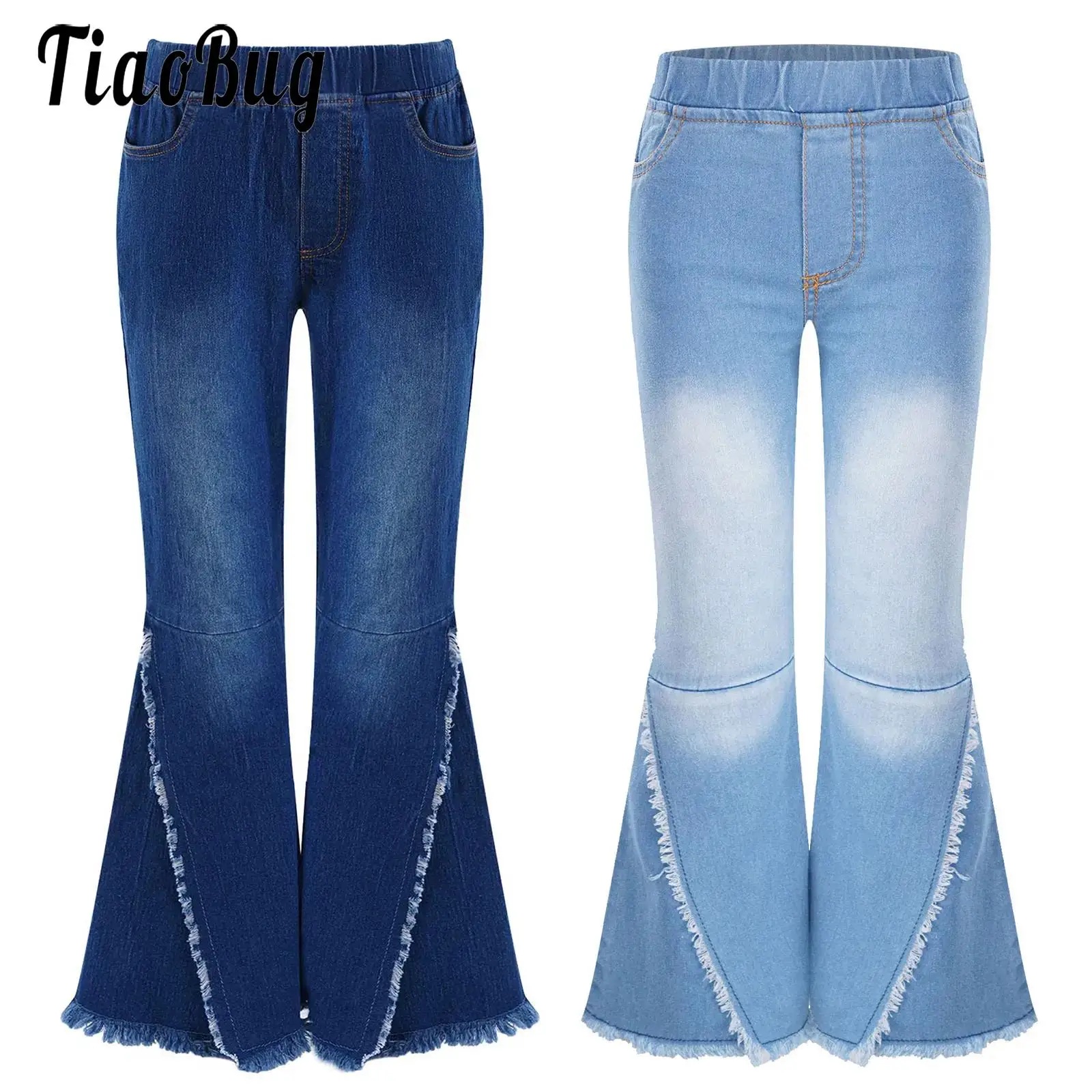 

Fashion Kids Girls Flared Jeans Ripped Denim Pants Elastic Waist Bell Bottoms Wide Leg Leggings Ruffled Trousers Teens Pants