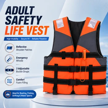 Adult Professional Adjustable Life Jacket – Reflective Strips, Safety Whistle & Thickened PE Foam Buoyancy Vest for Boating, Fishing & Water Activities 1