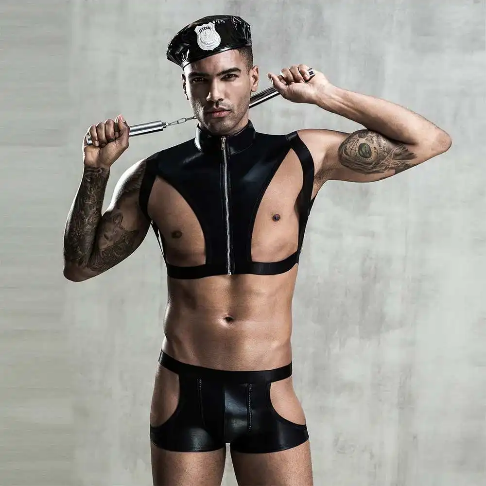 Wholesale Mens Sexy Lingerie Set Role Play Male Police Costume Night Club Cosplay Uniform Hollow Out PU Outfit