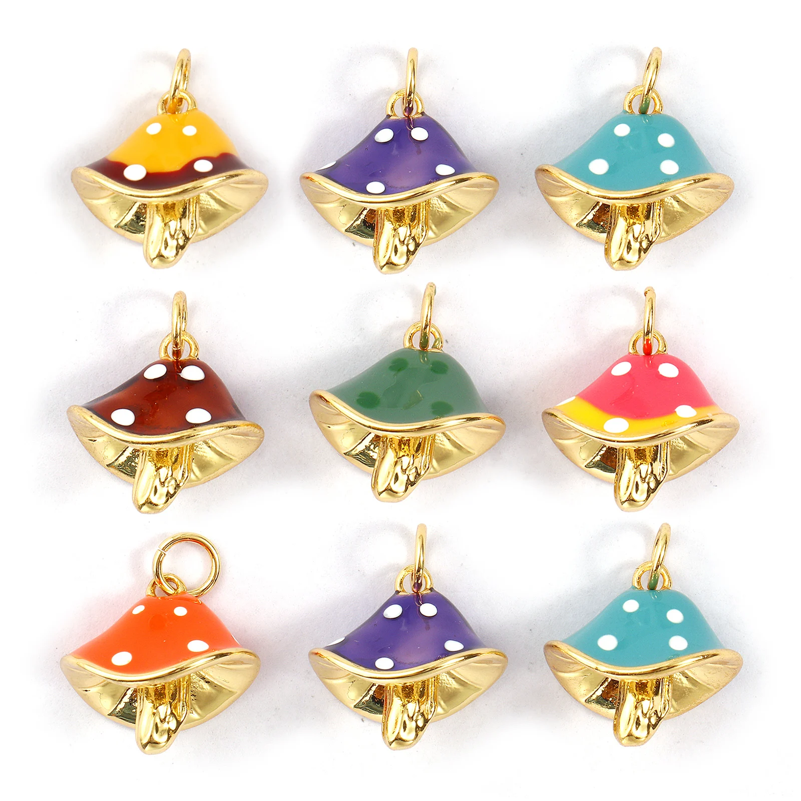 2PCs 8Seasons Brass Mushroom Style Charms For Jewelry Making 18K Real Gold Plated Enamel Spot 3D Shiitake Mushroom 18mm x 14.5mm