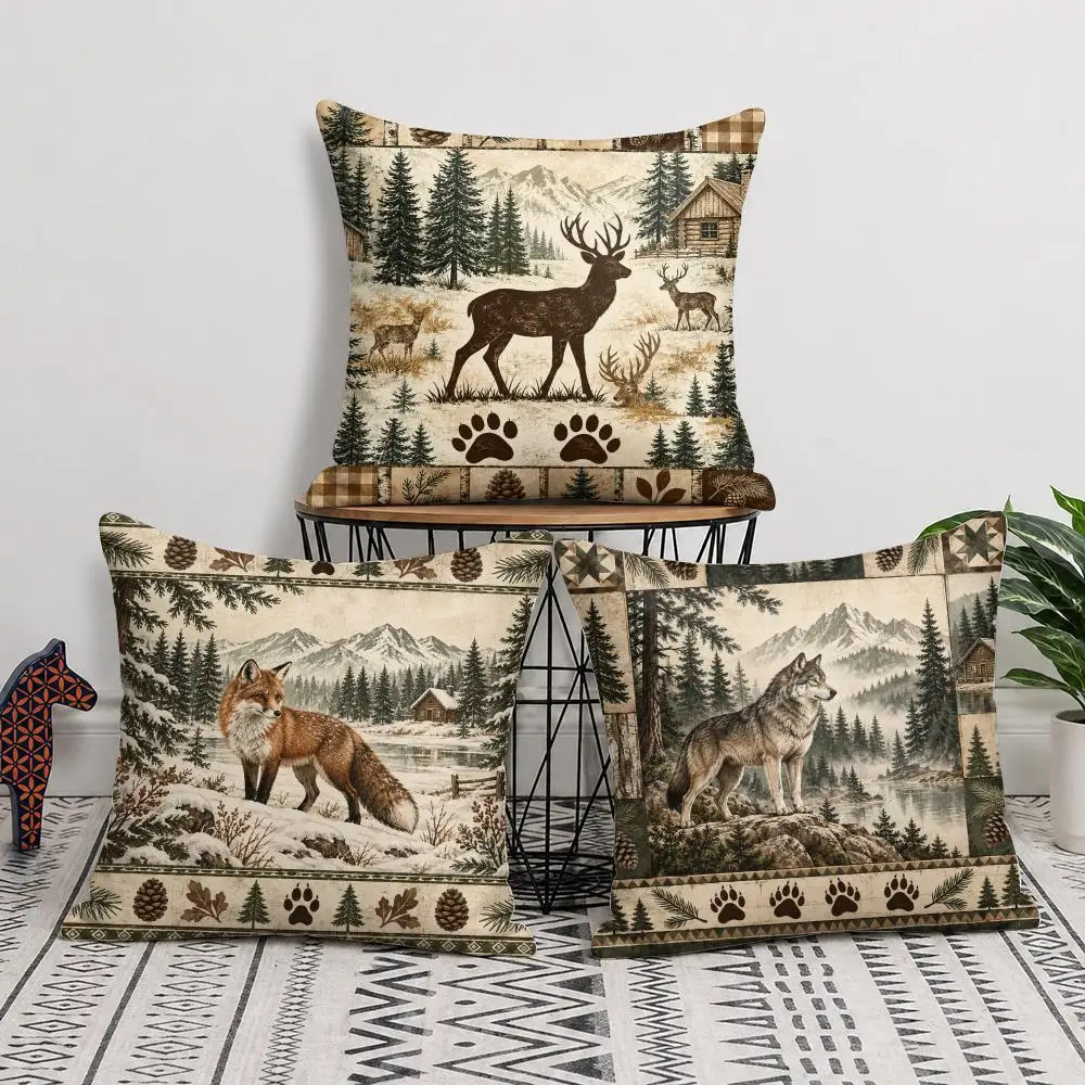 Wild Elk and Bear Forest Cushion Cover Soft Short Plush Pillow Cover Smooth Cozy Texture Cushion Case Home Decor