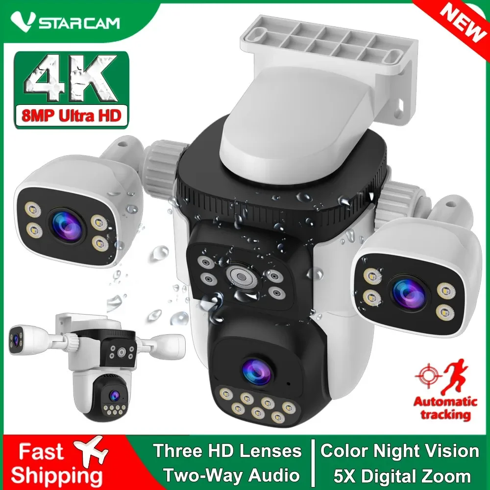 Vstarcam 4K 8MP Three Lens WiFi IP Camera Outdoor PTZ Waterproof 2way audio Colour Night vision Motion Detection Security Camera