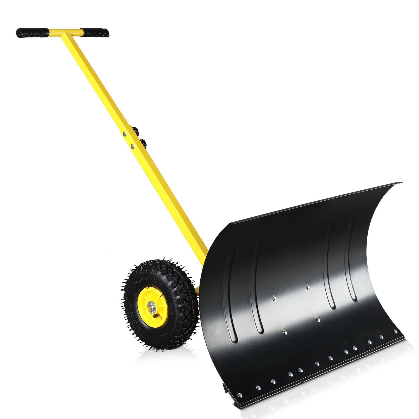 74x46cm Adjustable Wheeled Snow Plow Yellow T-Handle Manual Snow Shovel Pusher for Driveway Yard Snow Removal