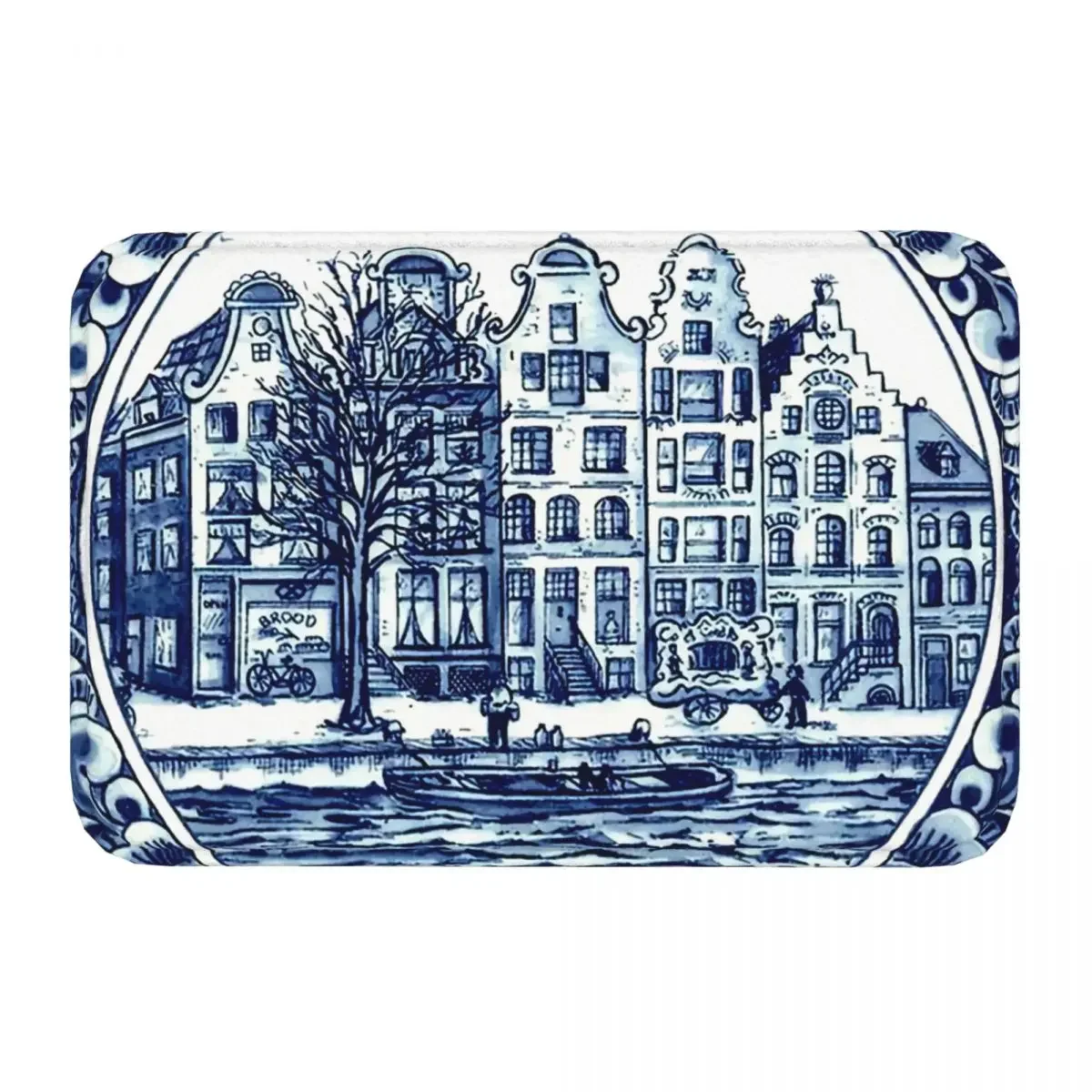 Retro Non-slip Rug Doormat Living Room Mat DUTCH BLUE DELFT Vintage Boats In Canal Amsterdam Print Floor Carpet Home Decorative