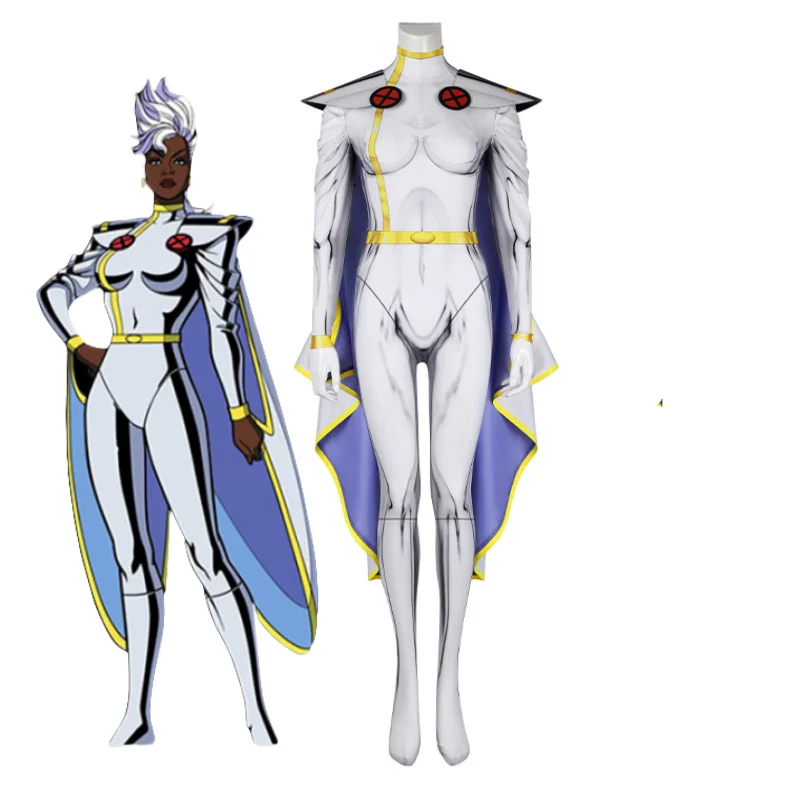 X Men 97 Storm Ororo Munroe Cosplay Costume Woman Girls Anime Bodysuit Zentai Jumpsuit with Cloak Halloween Party Roleplay Suit