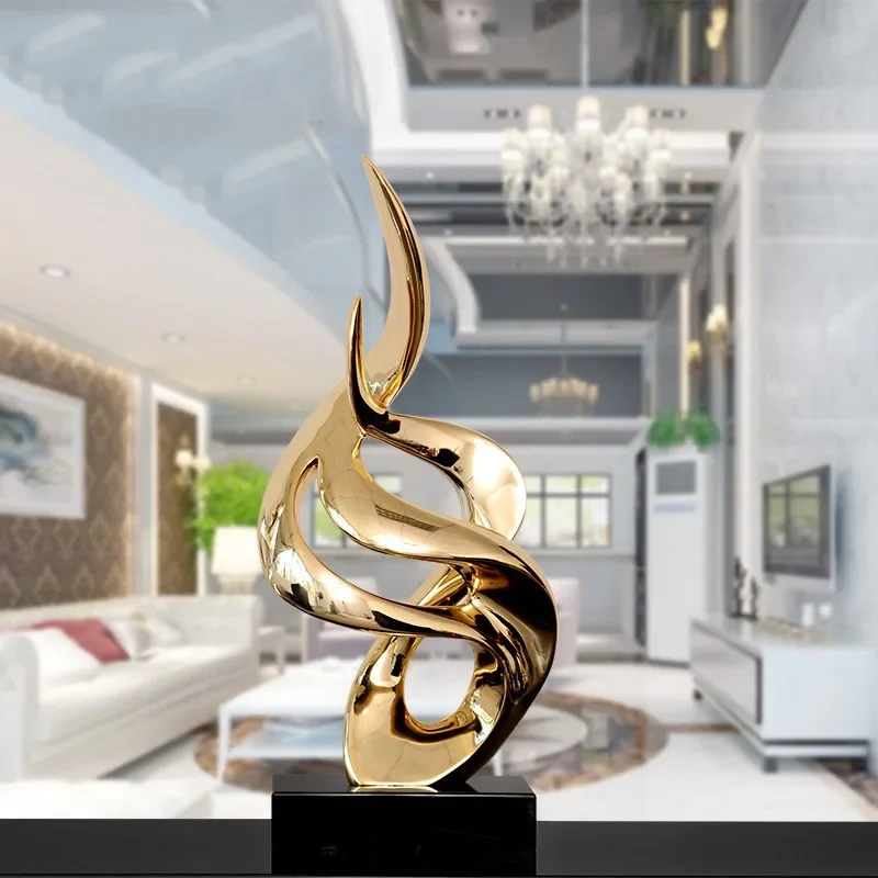 Plating Resin Twisted Shape Sculpture  Black Marble Base, Figurines Craft, Abstract Ornament in Hotel