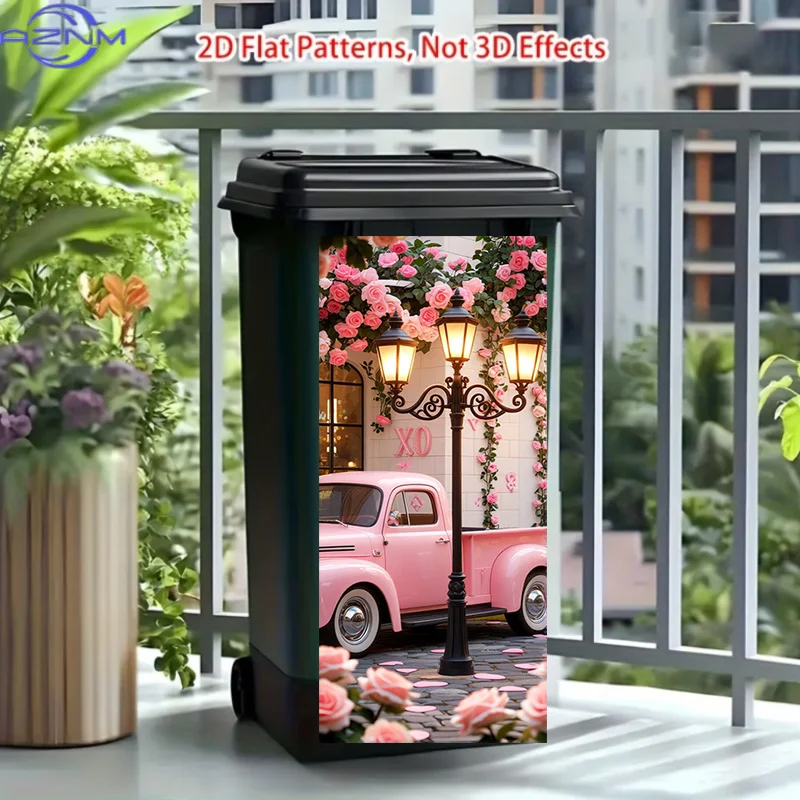 1 Sheet of Trash Can Sticker, Featuring Pink Car Flower Street Lamp Pattern Theme Design, This Matte Surface Sticker Is Suitab