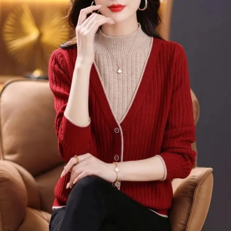 Korean Vintage Half High Collar Fake Two-piece V-neck Button Sweater Women Panelled Spring New Fashion Long Sleeved Knitted Top