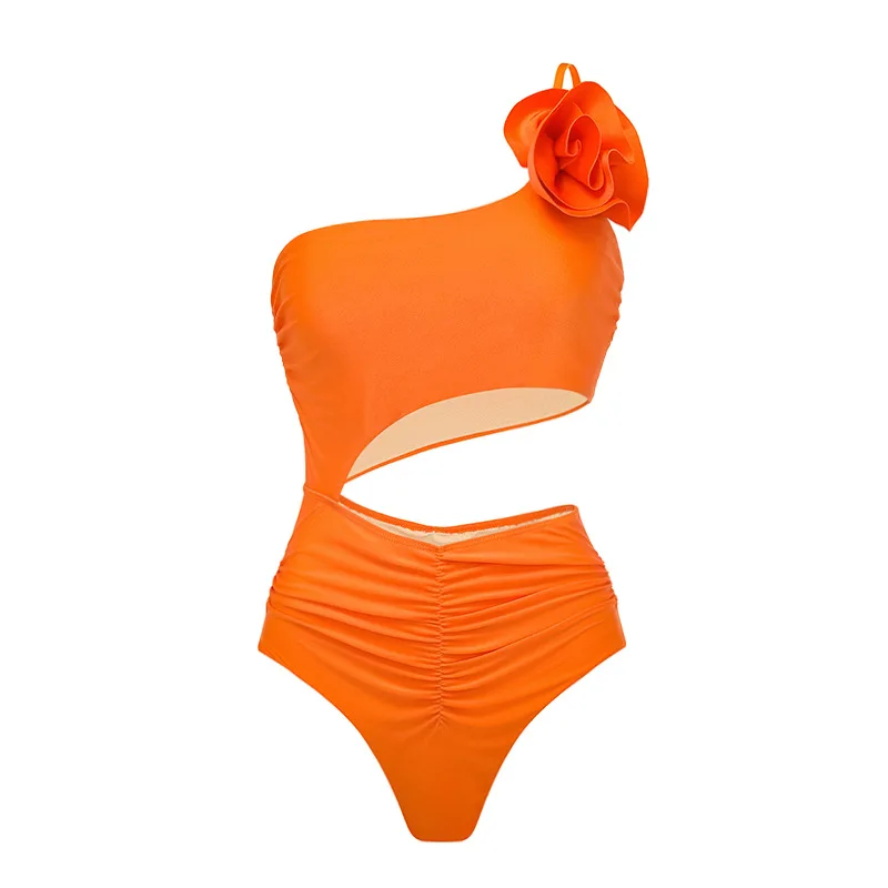 ZAFUAZ 2024 New Women's Swimsuit Single Shoulder 3D Floral Glossy Solid Color Hollow One-piece Swimwear Set Beach Bathing Suit