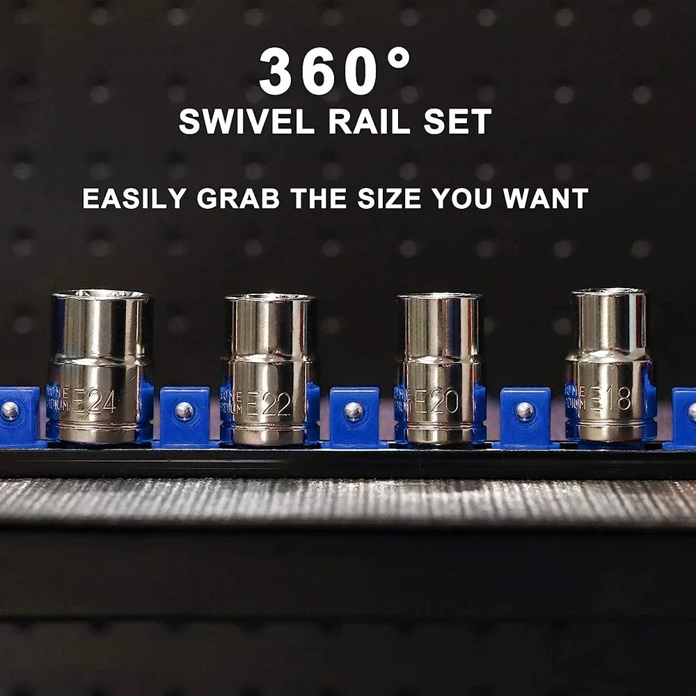 ABS Socket Organizer 360° Swivel 1/4Inch 3/8Inch 1/2Inch Premium Quality Socket Clip Rail Holder socket organizer tools Blue