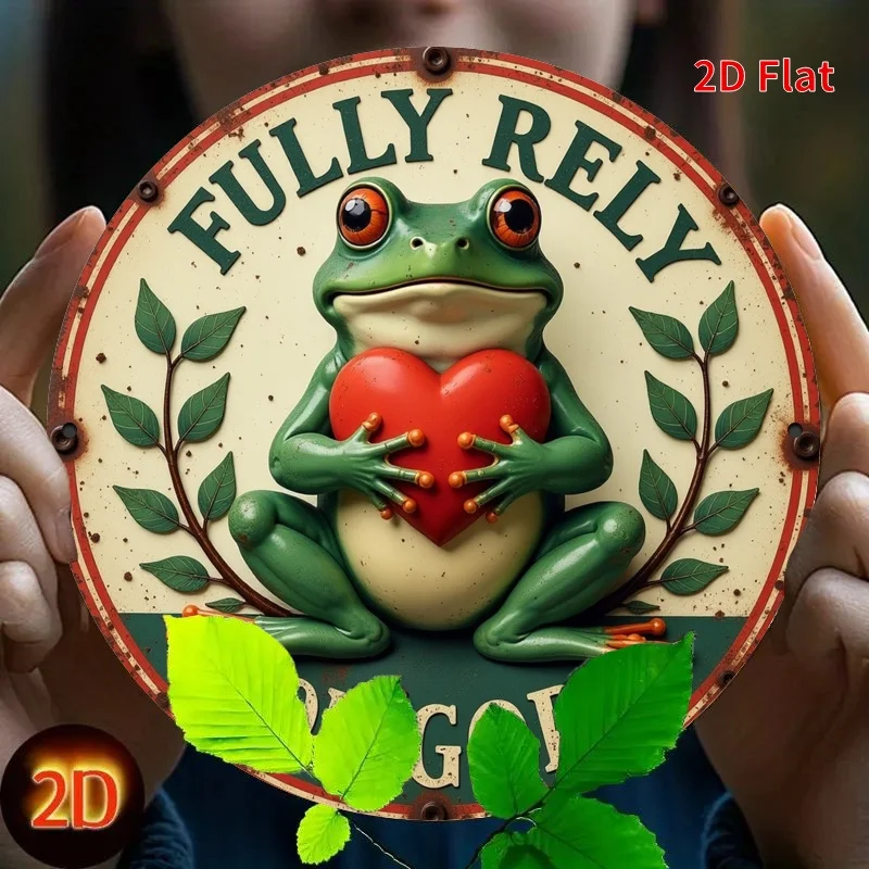 Frog Relies on God Metal Sign 7.8x7.8 Inch Round Patio Decor