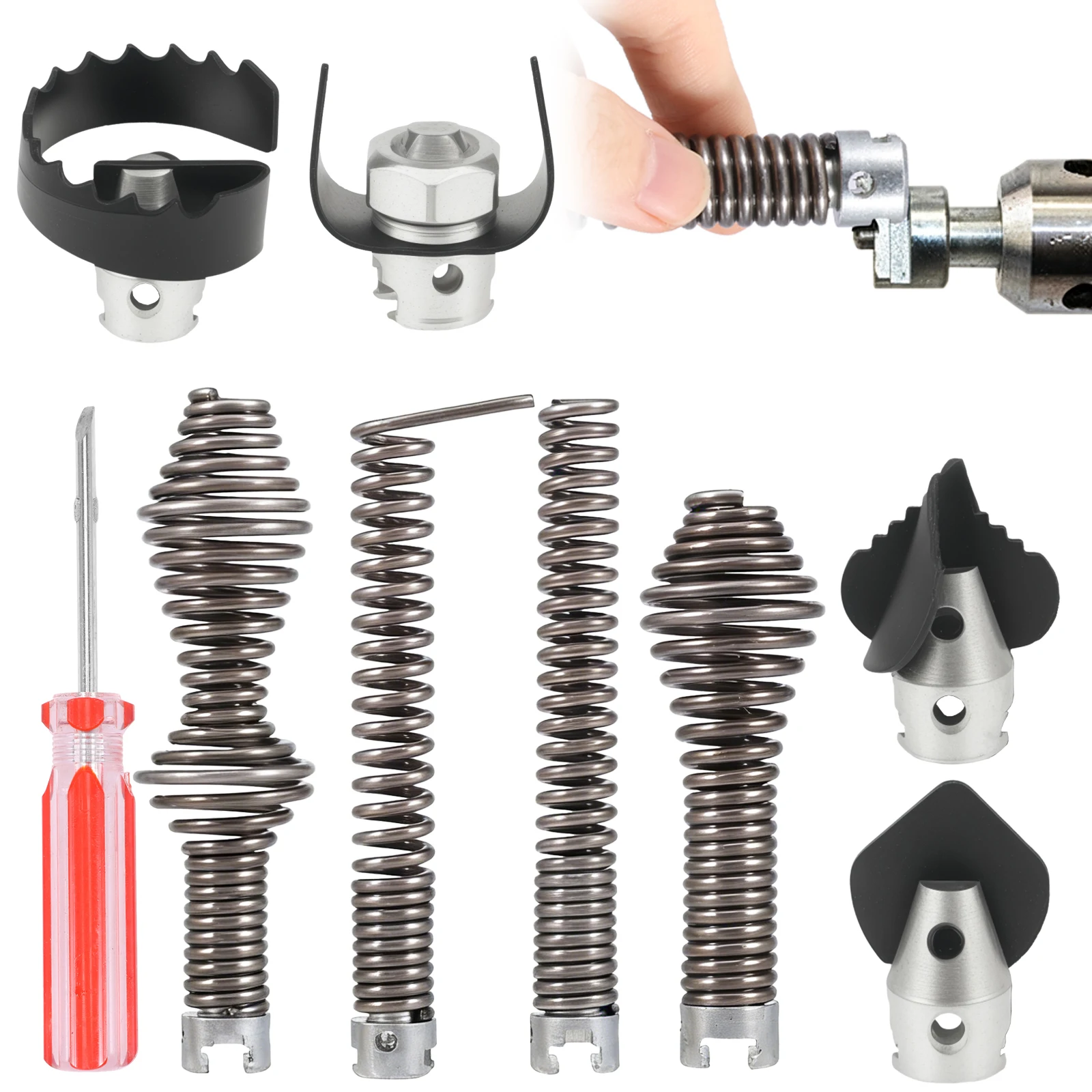 7/9Pcs Drain Auger Cutter Kit Rustproof Drain Snake Drill Attachment Drain Unclogging Tool for Drain Grease Unclog Hair Removal
