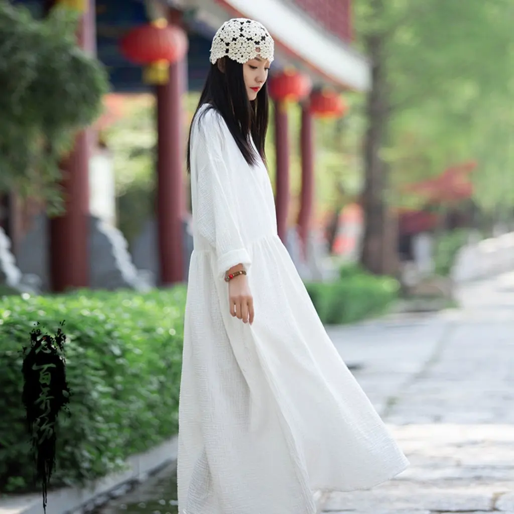 Elegant Vintage Fairy Long Dress Autumn Winter V-Neck Textured Raw Linen Double-Layered Robe with Large Hem Loose Fit