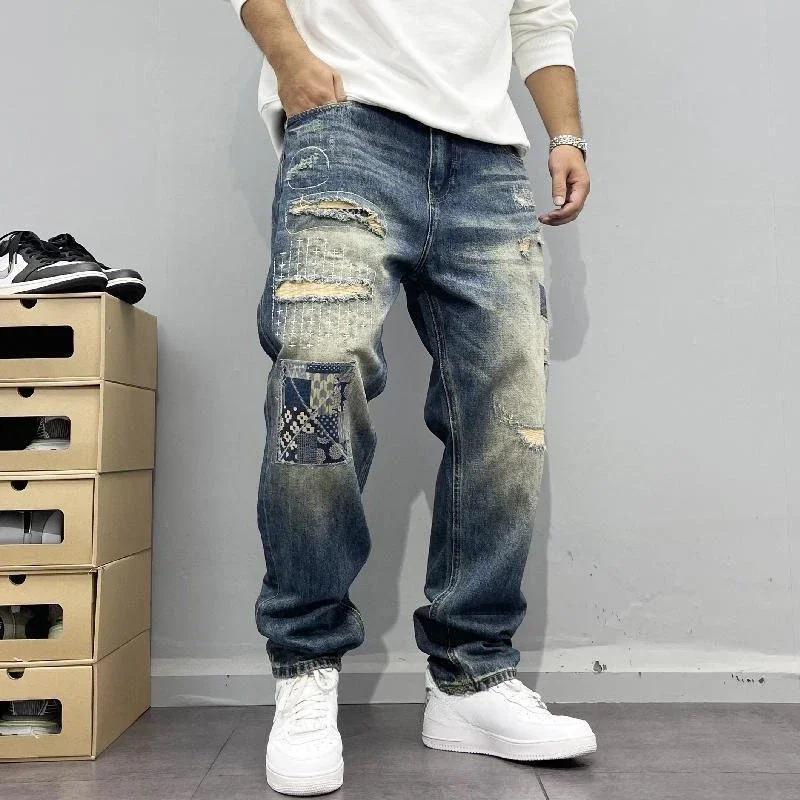 

American European New Fashion Men's Vintage Spliced Hole Patched Casual Trendy Loose Straight Jean Trousers Male Denim Pants