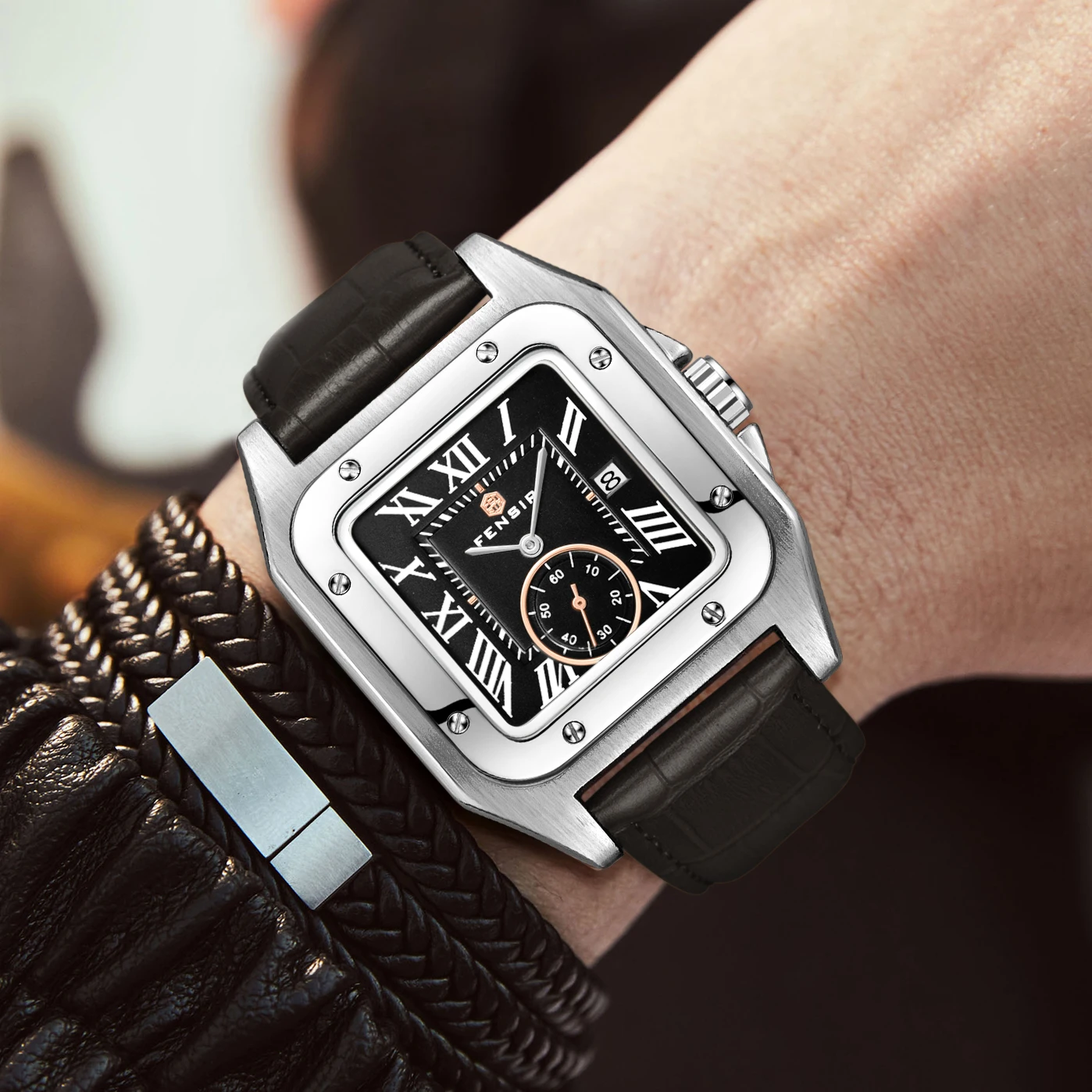 ساعة رجال الأعمال الجديدة من سلسلة Santos Tank، مينا مربعة، مع عرض التقويم، متوفرة بحزام سيليكون وحزام جلدي، ساعة يد رجالية عصرية فاخرة وبسيطة وأنيقة