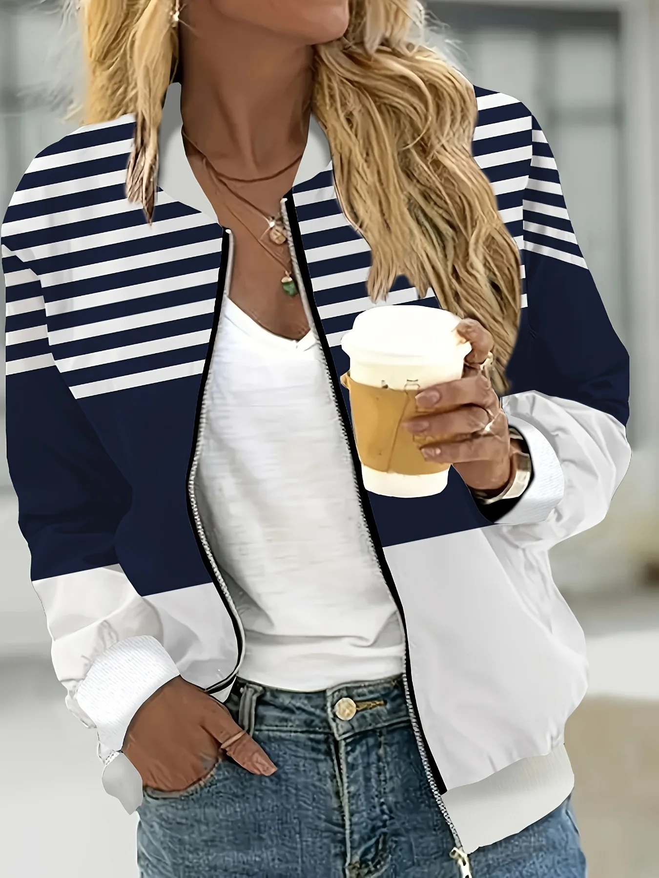 

Spring and Autumn New Fashion Women's Striped Print Zipper Outerwear Casual Women's Jacket Long Sleeve Baseball Jersey Top