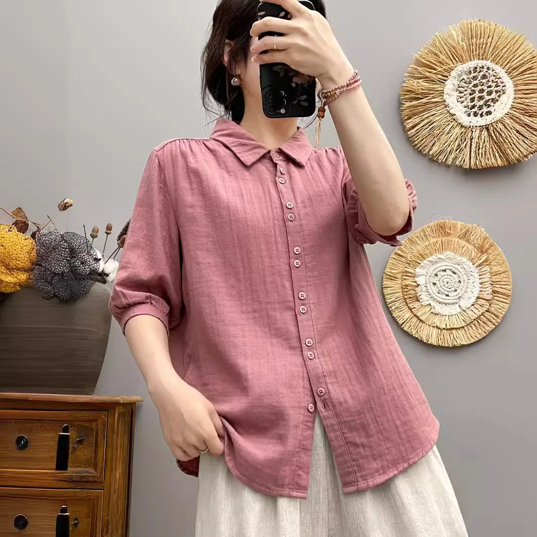 Korean Summer New Simple Short-sleeved Shirt for Women's Mid-sleeved Double-layer Cotton Yarn Soft and Casual