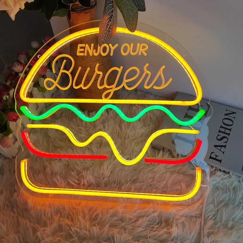 Hamburger Neon Sign LED Night Light for Resraurant Advertising Neon Night Light for Home Bar Beer Window Shop Room Decoration