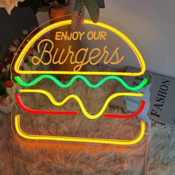 Hamburger Neon Sign LED Night Light for Resraurant Advertising Neon Night Light for Home Bar Beer Window Shop Room Decoration